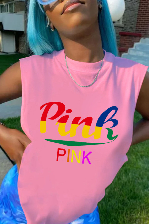 Pink Casual Street Print Patchwork Slit O Neck Tops