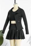 Watermelon Red Casual Solid Patchwork Zipper Long Sleeve Three Pieces