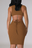 Rose Red Sexy Solid Bandage Patchwork Backless Half A Turtleneck Pencil Skirt Dresses