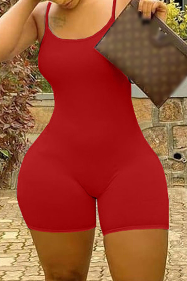 Red Sexy Casual Solid Basic O Neck Skinny Sling Romper