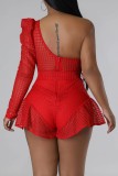Rose Red Sexy Casual Solid Patchwork Backless One Shoulder Regular Romper