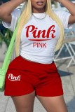 Red Casual Print Letter O Neck Short Sleeve Two Pieces