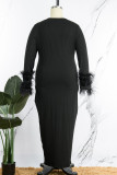 White Sexy Solid Feathers Basic O Neck Long Sleeve Dresses