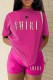 Rose Red Casual Print Letter O Neck Short Sleeve Two Pieces