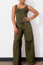 Army Green Casual Print Ripped U Neck Sleeveless Two Pieces