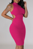 Rose Red Sexy Solid Bandage Patchwork Backless Half A Turtleneck Pencil Skirt Dresses