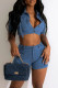 Blue Casual Solid Patchwork Pocket Buckle Turndown Collar Short Sleeve Two Pieces