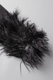 White Sexy Solid Feathers Basic O Neck Long Sleeve Dresses