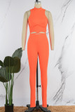 Orange Casual Solid Hollowed Out Patchwork Half A Turtleneck Sleeveless Two Pieces