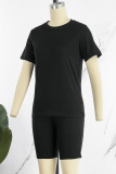Red Casual Solid Basic O Neck Short Sleeve Two Pieces