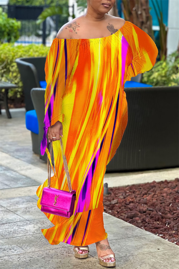 Orange Casual Print Backless Off the Shoulder Long Sleeve Dresses