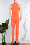 Orange Casual Solid Hollowed Out Patchwork Half A Turtleneck Sleeveless Two Pieces