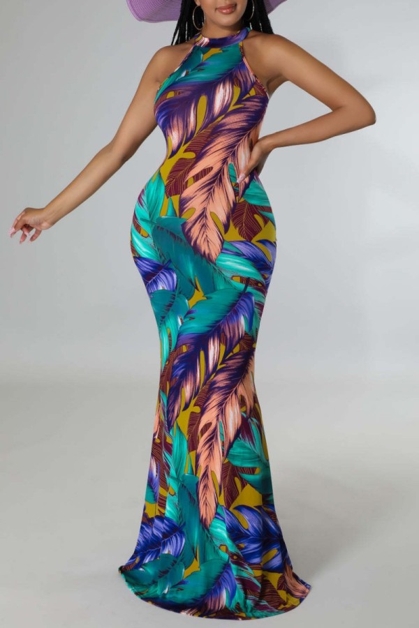 Colour Sexy Casual Print Hollowed Out O Neck Long Dress Dresses