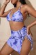 Blue Sexy Print Bandage Backless Halter Plus Size Swimsuit Three Piece Set (With Paddings)