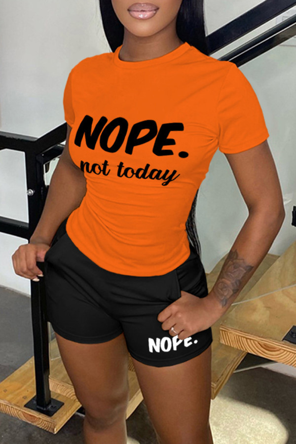 Orange Casual Daily Letter Print Basic O Neck Short Sleeve Two Pieces