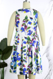 Blue Casual Print Patchwork U Neck Vest Dress Plus Size Dresses