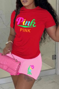Pink Casual Print Letter O Neck Short Sleeve Two Pieces