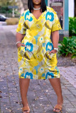 Yellow Casual Print Patchwork V Neck Short Sleeve Dress