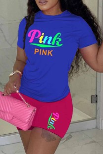 Rose Red Casual Print Letter O Neck Short Sleeve Two Pieces