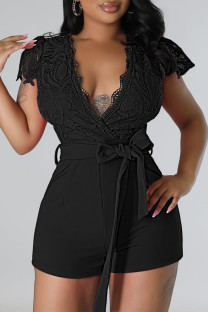 Black Sexy Solid Bandage Patchwork V Neck Regular Rompers