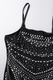 Black Sexy Solid Patchwork See-through Hot Drill Spaghetti Strap Sling Dress Dresses