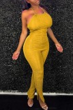 Purple Casual Solid Bandage Backless Halter Skinny Jumpsuits