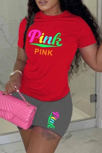 Grey Casual Print Letter O Neck Short Sleeve Two Pieces