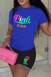 Black Casual Print Letter O Neck Short Sleeve Two Pieces