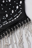 Black Sexy Solid Patchwork See-through Hot Drill Spaghetti Strap Sling Dress Dresses