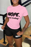 Pink Casual Daily Letter Print Basic O Neck Short Sleeve Two Pieces