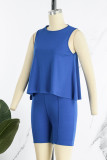 Blue Casual Solid Patchwork O Neck Sleeveless Two Pieces