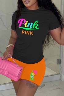 Orange Casual Print Letter O Neck Short Sleeve Two Pieces