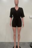 Black Sexy Solid Draw String V Neck Straight Rompers