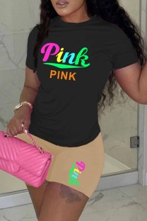 Khaki Casual Print Letter O Neck Short Sleeve Two Pieces