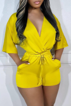 Yellow Sexy Solid Draw String V Neck Straight Rompers