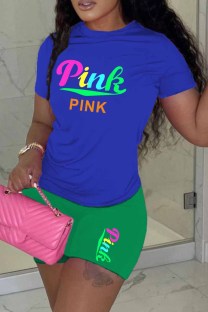 Green Casual Print Letter O Neck Short Sleeve Two Pieces