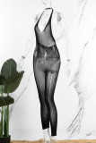 Black Sexy Sportswear Solid Hollowed Out Patchwork Halter Skinny Jumpsuits