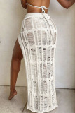 Cream White Sexy Solid Hollowed Out Patchwork Backless Slit Halter Sleeveless Two Pieces