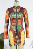 Red Casual Print Patchwork Zipper Collar Long Sleeve Dresses