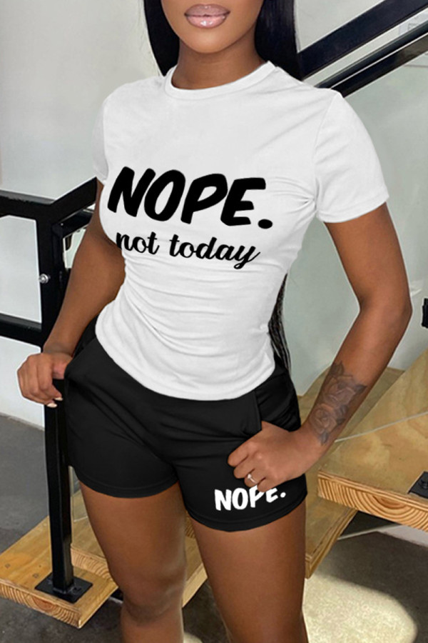 White Casual Daily Letter Print Basic O Neck Short Sleeve Two Pieces