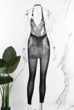 Black Sexy Sportswear Solid Hollowed Out Patchwork Halter Skinny Jumpsuits