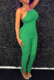 Purple Casual Solid Bandage Backless Halter Skinny Jumpsuits
