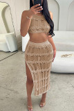 Khaki Sexy Solid Hollowed Out Patchwork Backless Slit Halter Sleeveless Two Pieces