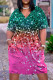 Rose Red Casual Print Patchwork V Neck Short Sleeve Dress