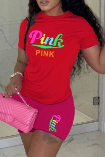 Rose Red Casual Print Letter O Neck Short Sleeve Two Pieces