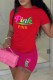 Rose Red Casual Print Letter O Neck Short Sleeve Two Pieces