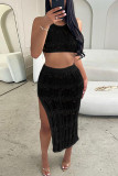 Black Sexy Solid Hollowed Out Patchwork Backless Slit Halter Sleeveless Two Pieces