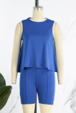 Blue Casual Solid Patchwork O Neck Sleeveless Two Pieces