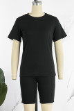 Red Casual Solid Basic O Neck Short Sleeve Two Pieces