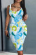 Blue Sexy Casual Print Basic U Neck Vest Dress Dresses